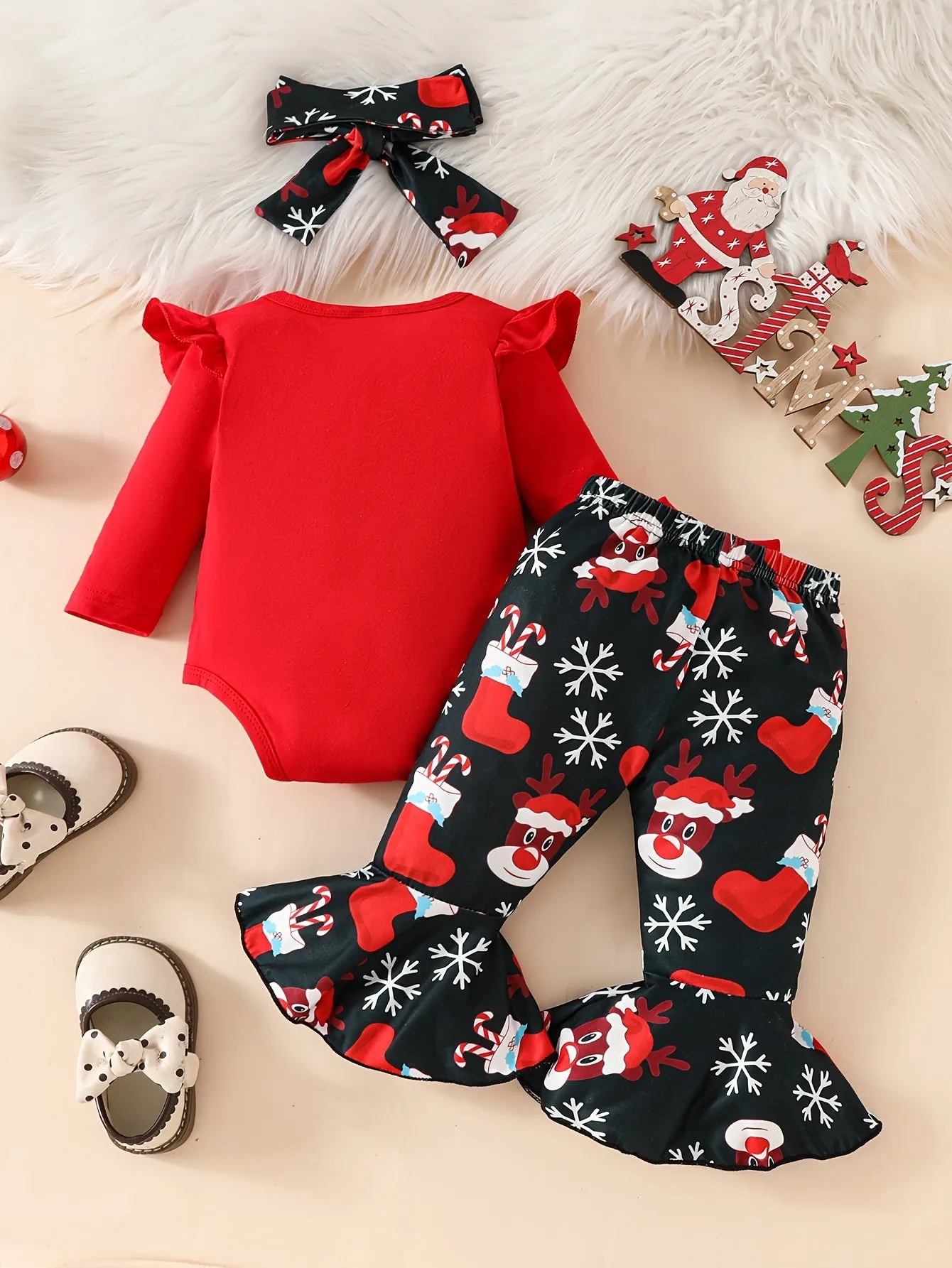 2pcs Baby's THE BABY WHO STOLE CHRISTMAS Print Bodysuit   Hairband   Bow Decor Bell-bottom Pants, Toddler & Infant Girl's Clothing Set, Outdoor Cloth