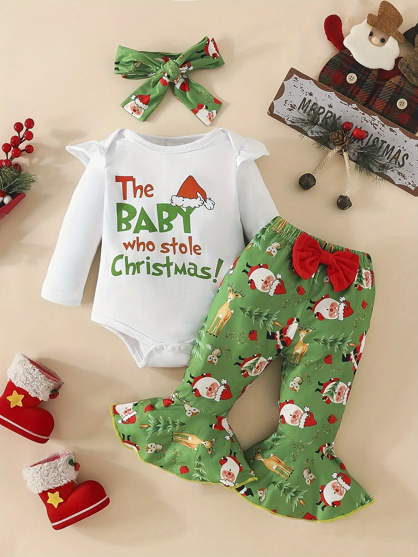 2pcs Baby's THE BABY WHO STOLE CHRISTMAS Print Bodysuit   Hairband   Bow Decor Bell-bottom Pants, Toddler & Infant Girl's Clothing Set, Outdoor Cloth