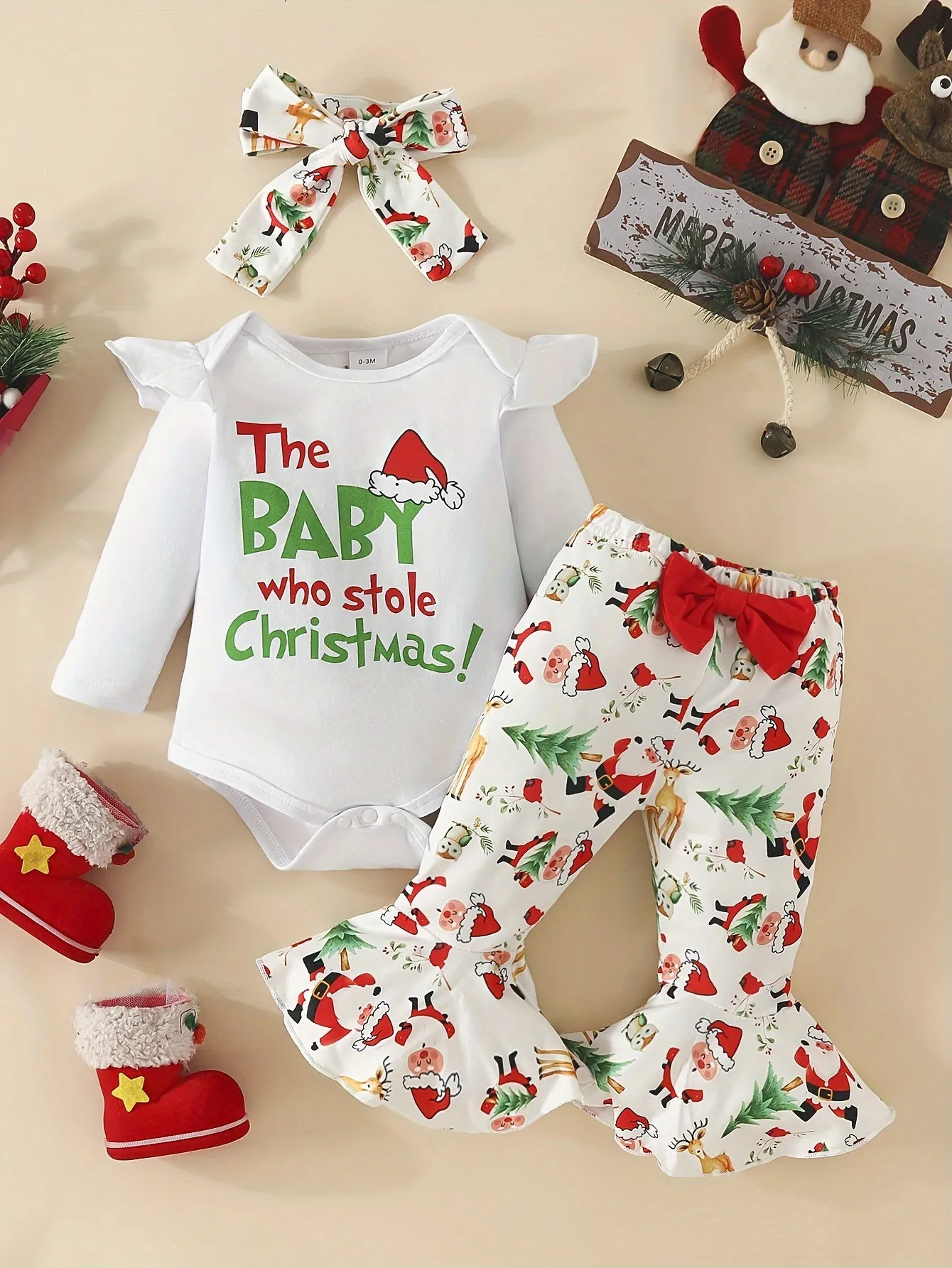 2pcs Baby's THE BABY WHO STOLE CHRISTMAS Print Bodysuit   Hairband   Bow Decor Bell-bottom Pants, Toddler & Infant Girl's Clothing Set, Outdoor Cloth