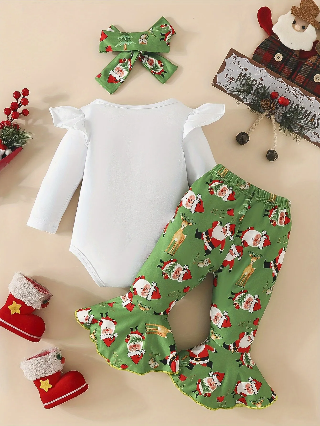 2pcs Baby's THE BABY WHO STOLE CHRISTMAS Print Bodysuit   Hairband   Bow Decor Bell-bottom Pants, Toddler & Infant Girl's Clothing Set, Outdoor Cloth