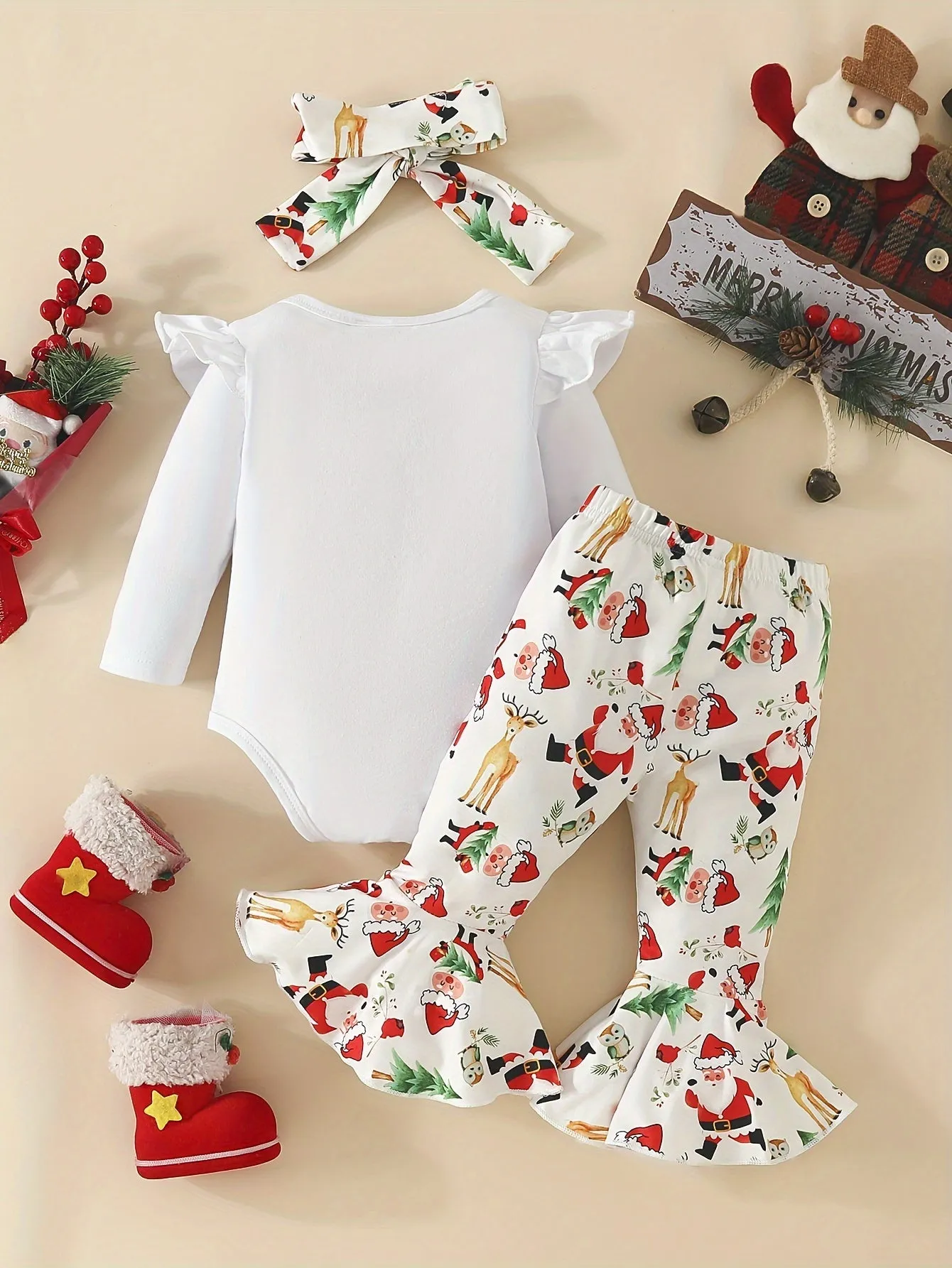 2pcs Baby's THE BABY WHO STOLE CHRISTMAS Print Bodysuit   Hairband   Bow Decor Bell-bottom Pants, Toddler & Infant Girl's Clothing Set, Outdoor Cloth
