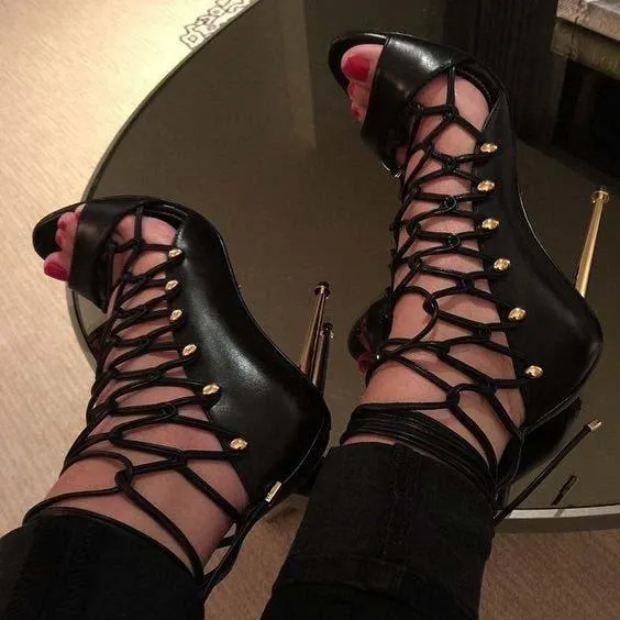 Black Strap Cutout Lace Up Sandals