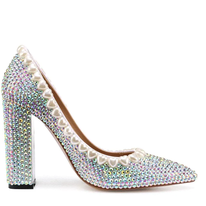 Block Chunky Heel Point Toe Rhinestone Pumps