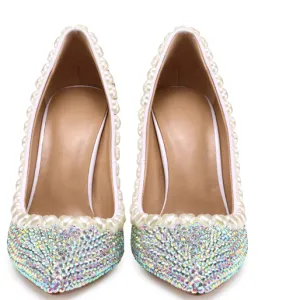 Block Chunky Heel Point Toe Rhinestone Pumps