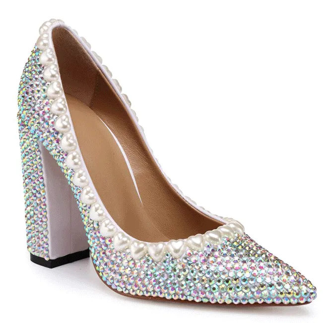 Block Chunky Heel Point Toe Rhinestone Pumps