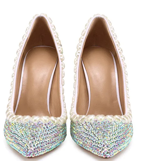 Block Chunky Heel Point Toe Rhinestone Pumps