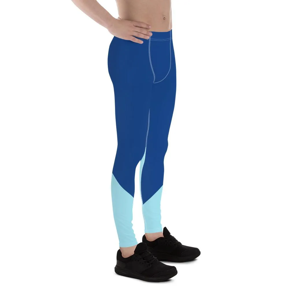 Blue Color Block Men's Leggings, Duo Color Premium Compression Tights Meggings-Made in USA/ EU