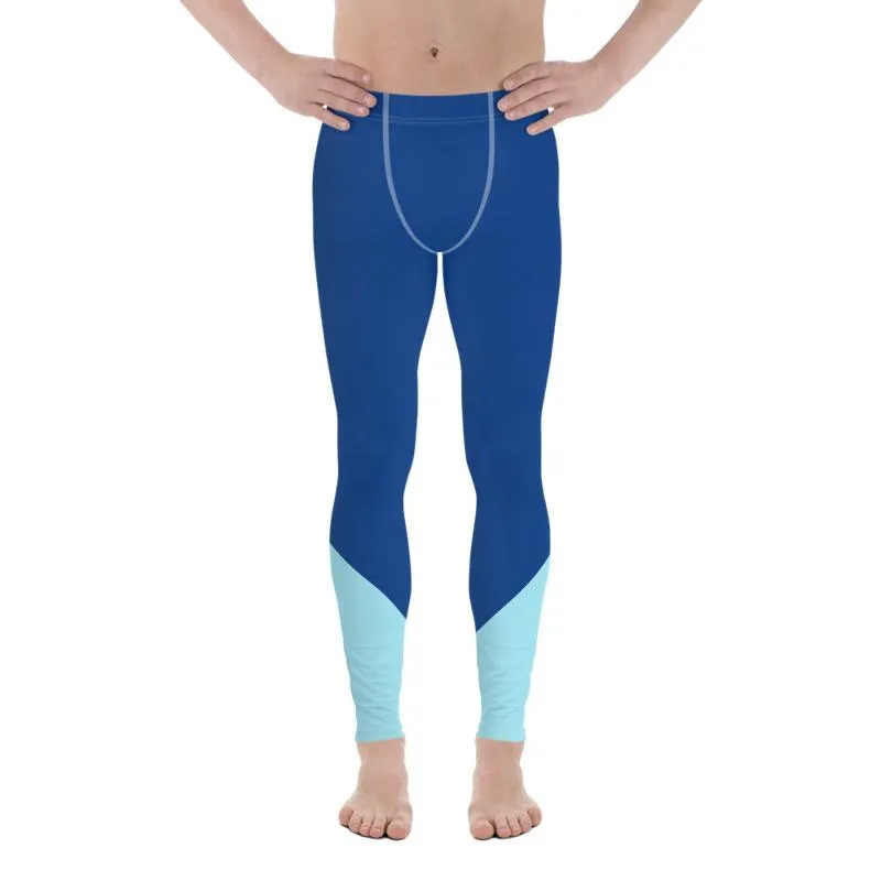 Blue Color Block Men's Leggings, Duo Color Premium Compression Tights Meggings-Made in USA/ EU