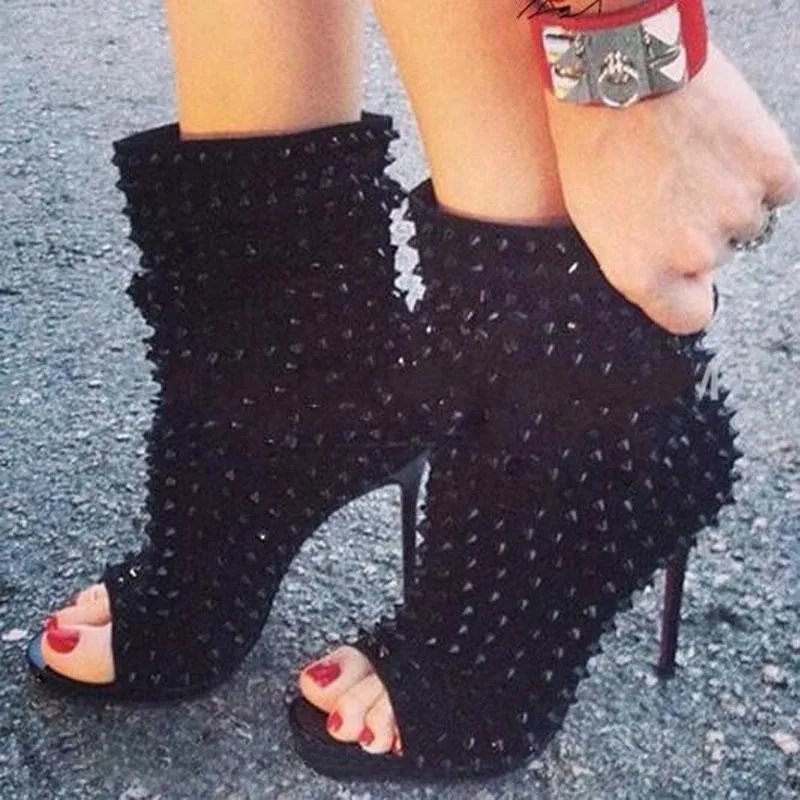 Bright Color Rivet Peep Toe Ankle Boots