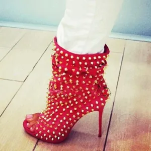 Bright Color Rivet Peep Toe Ankle Boots