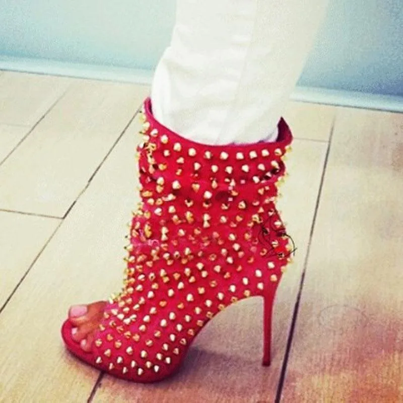 Bright Color Rivet Peep Toe Ankle Boots
