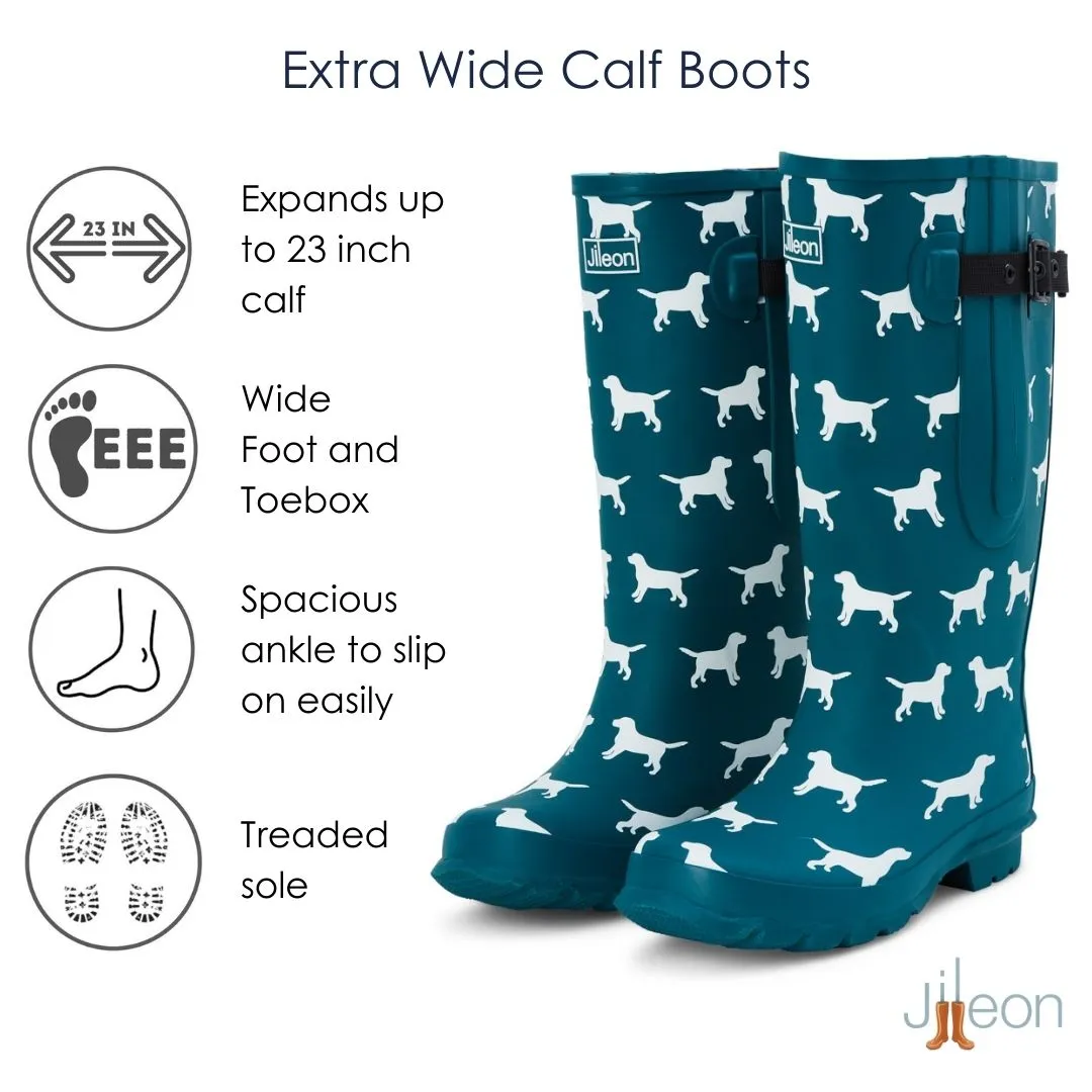 Extra Wide Calf Women's Rain Boots - Teal Dogs - 16-23 Inch Calf - Wide in Foot & Ankle