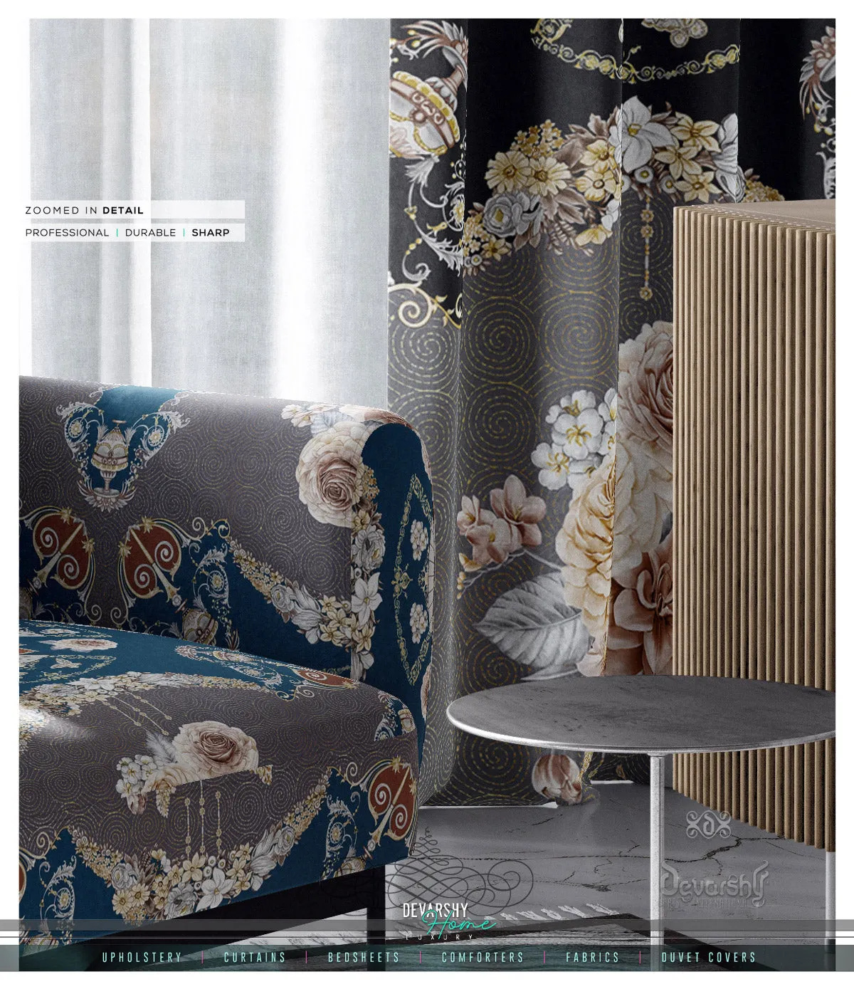 Floral Print Upholstery Fabric 3meters in 4 Colors & 12 Fabric Options Baroque Furnishing Fabrics By the Yard | 004