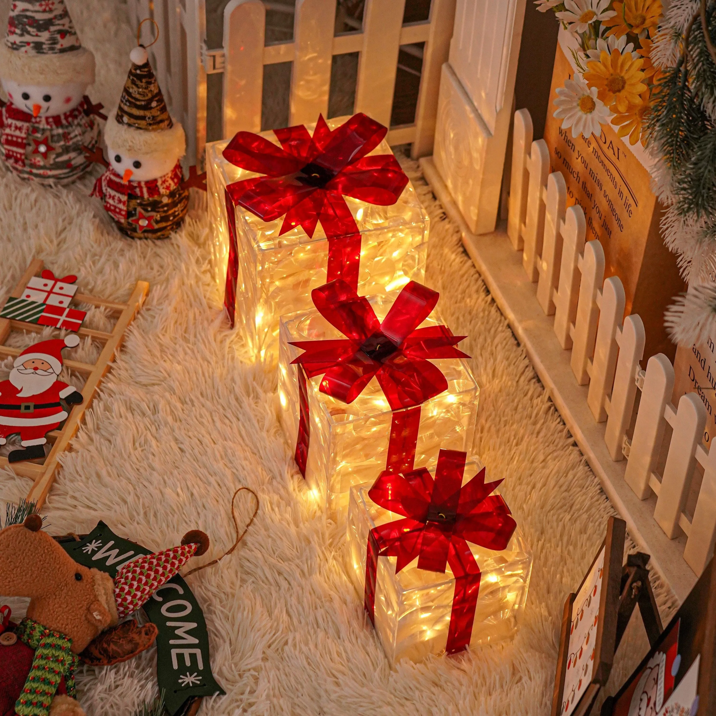 kkboxly Set Of 3 ChristmasLighted Gift Boxes, Transparent Warm White Lighted Christmas Box Decrations, Presents Boxs With Red Bows For Christams Tree, Yard, Home, Christams Outdoor Decoration