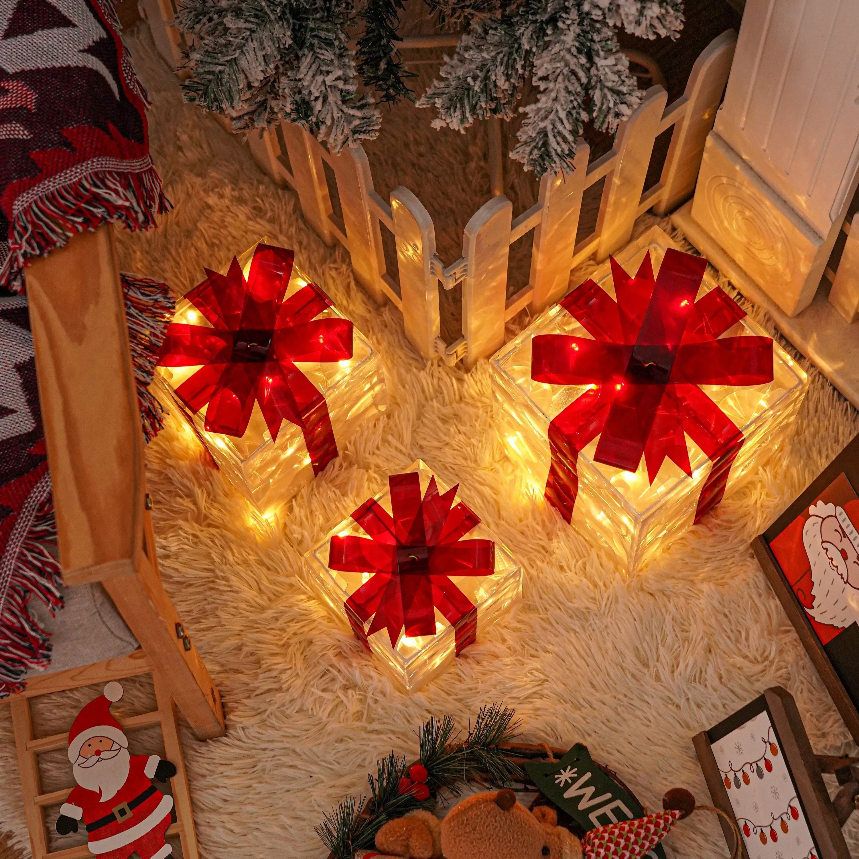 kkboxly Set Of 3 ChristmasLighted Gift Boxes, Transparent Warm White Lighted Christmas Box Decrations, Presents Boxs With Red Bows For Christams Tree, Yard, Home, Christams Outdoor Decoration