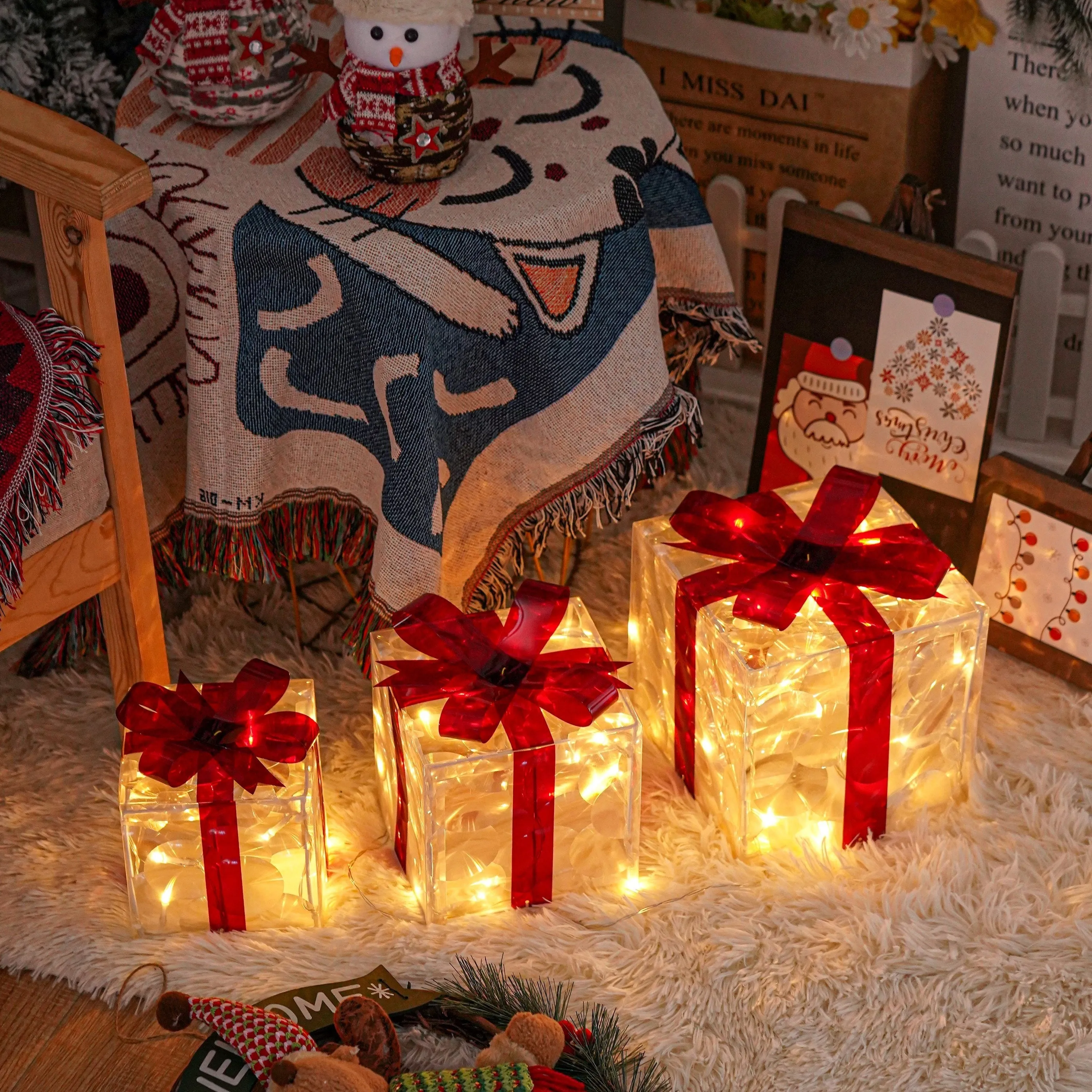 kkboxly Set Of 3 ChristmasLighted Gift Boxes, Transparent Warm White Lighted Christmas Box Decrations, Presents Boxs With Red Bows For Christams Tree, Yard, Home, Christams Outdoor Decoration