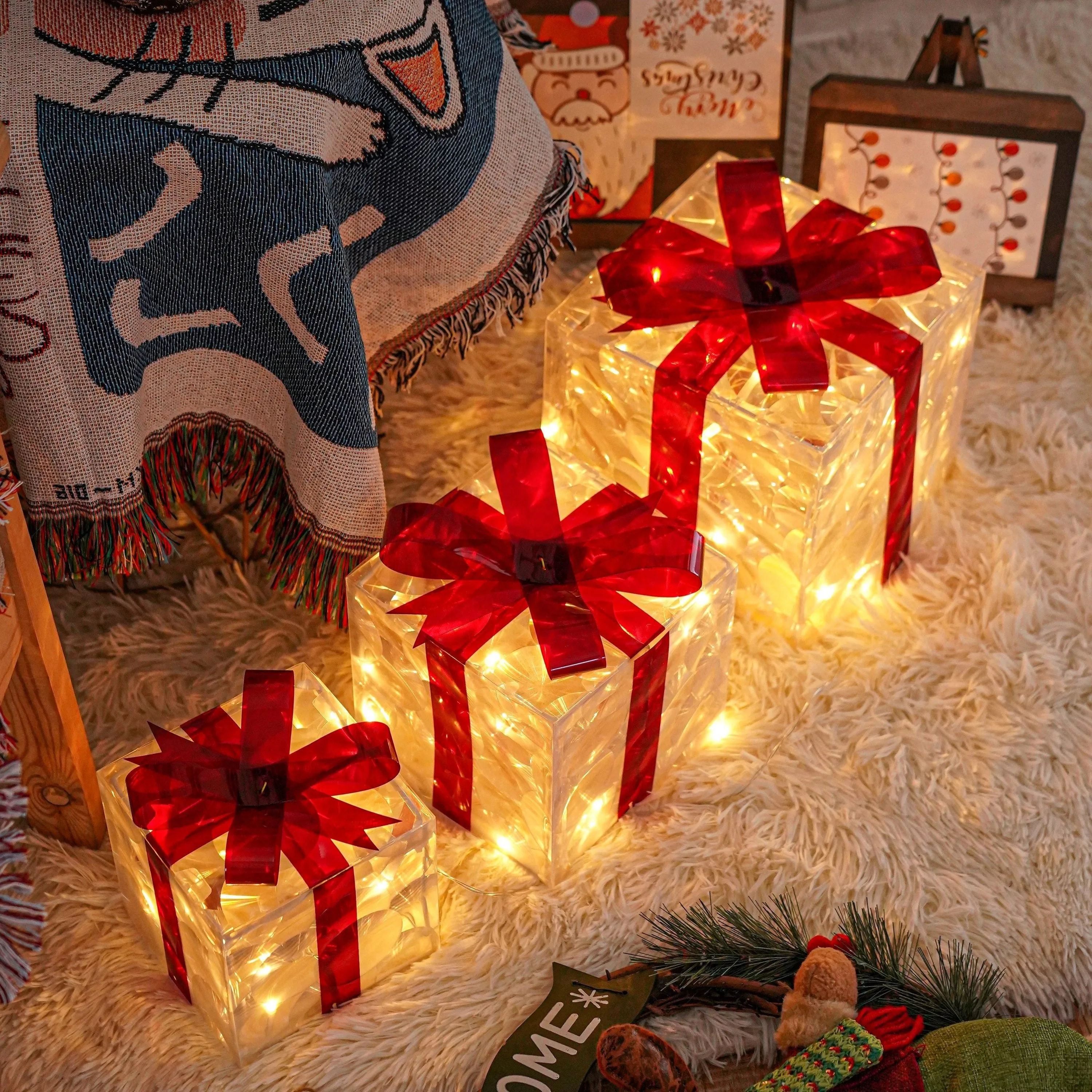 kkboxly Set Of 3 ChristmasLighted Gift Boxes, Transparent Warm White Lighted Christmas Box Decrations, Presents Boxs With Red Bows For Christams Tree, Yard, Home, Christams Outdoor Decoration