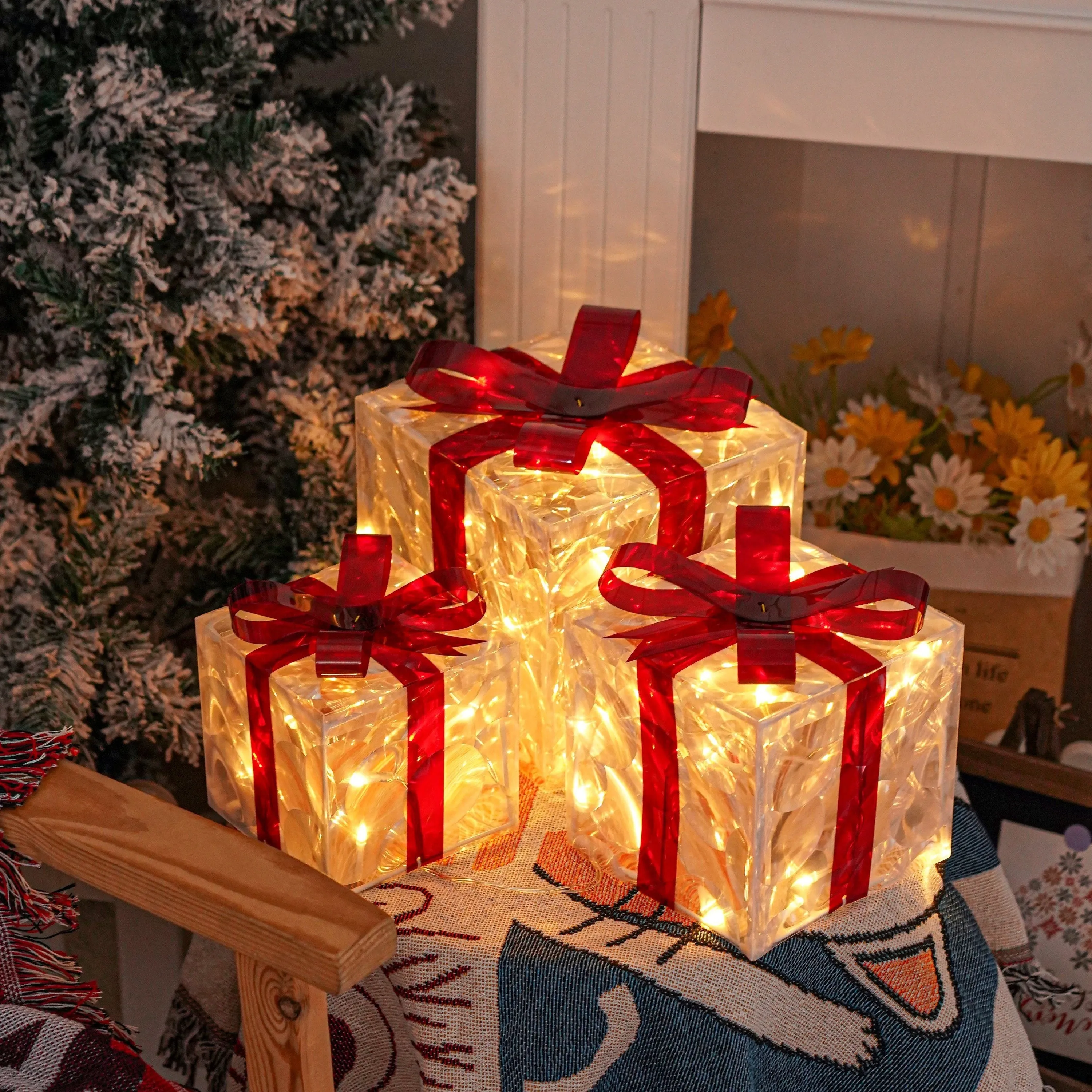 kkboxly Set Of 3 ChristmasLighted Gift Boxes, Transparent Warm White Lighted Christmas Box Decrations, Presents Boxs With Red Bows For Christams Tree, Yard, Home, Christams Outdoor Decoration