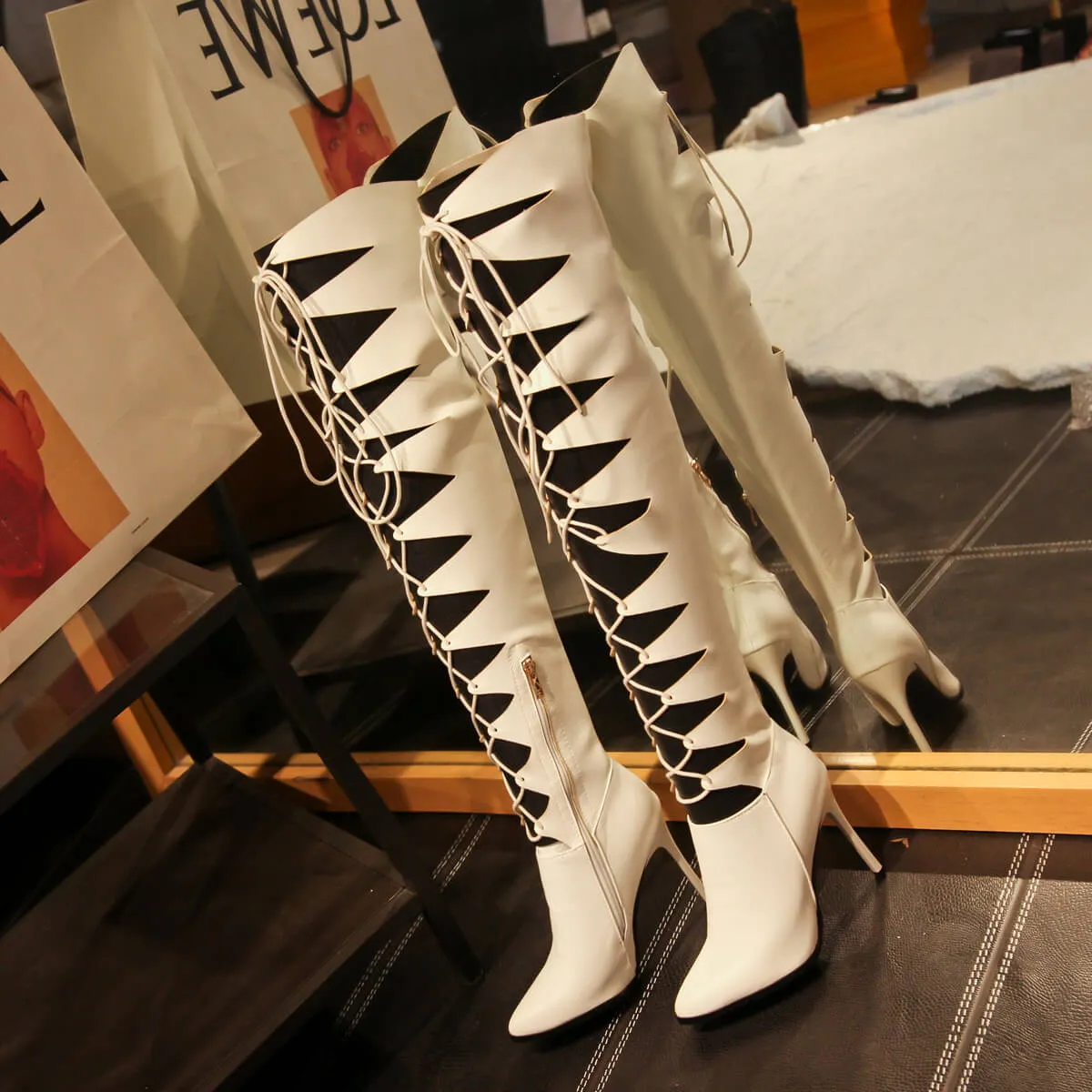 Leather Cutout Strap Pointed Toe High Heel Over Knee Boots