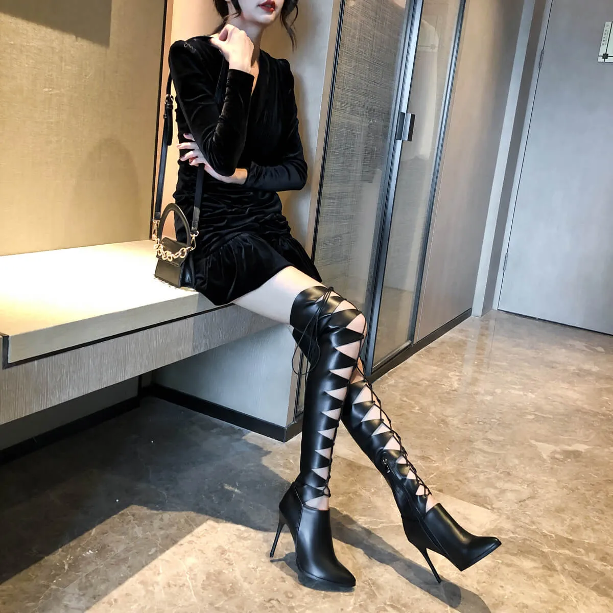 Leather Cutout Strap Pointed Toe High Heel Over Knee Boots