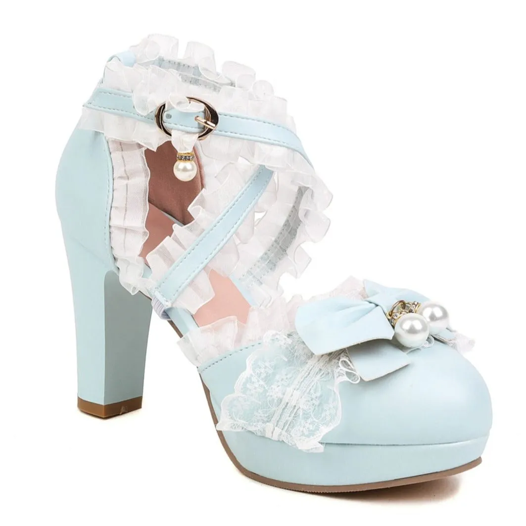 Lolita Shoes Bows Ruffles Pearls Round Toe PU Leather