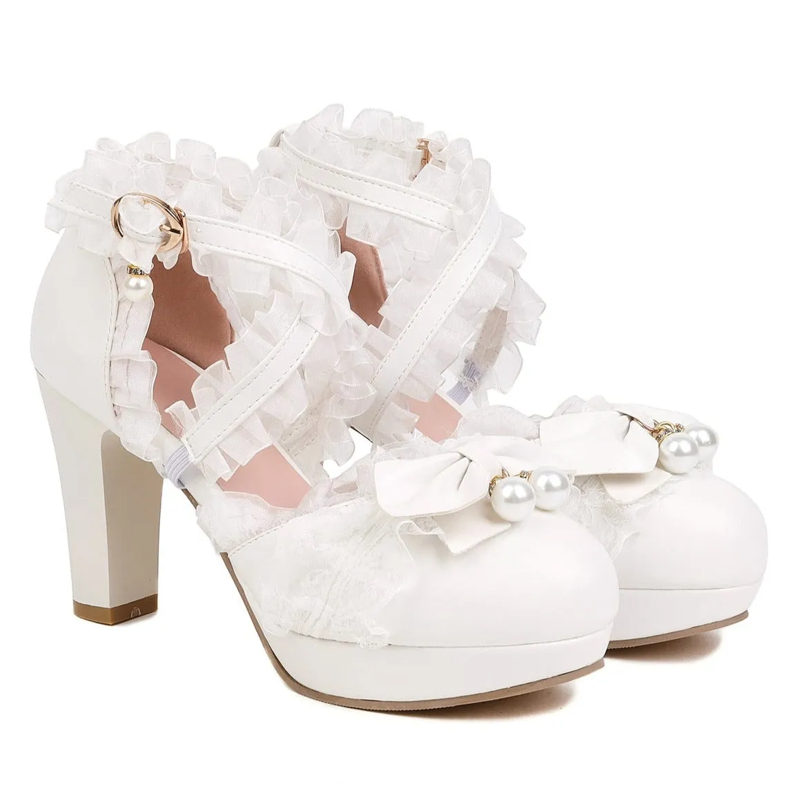 Lolita Shoes Bows Ruffles Pearls Round Toe PU Leather