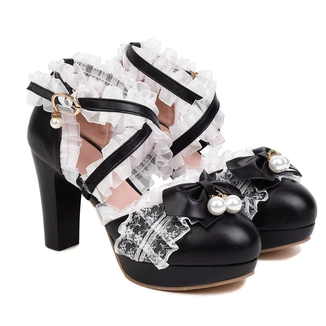 Lolita Shoes Bows Ruffles Pearls Round Toe PU Leather