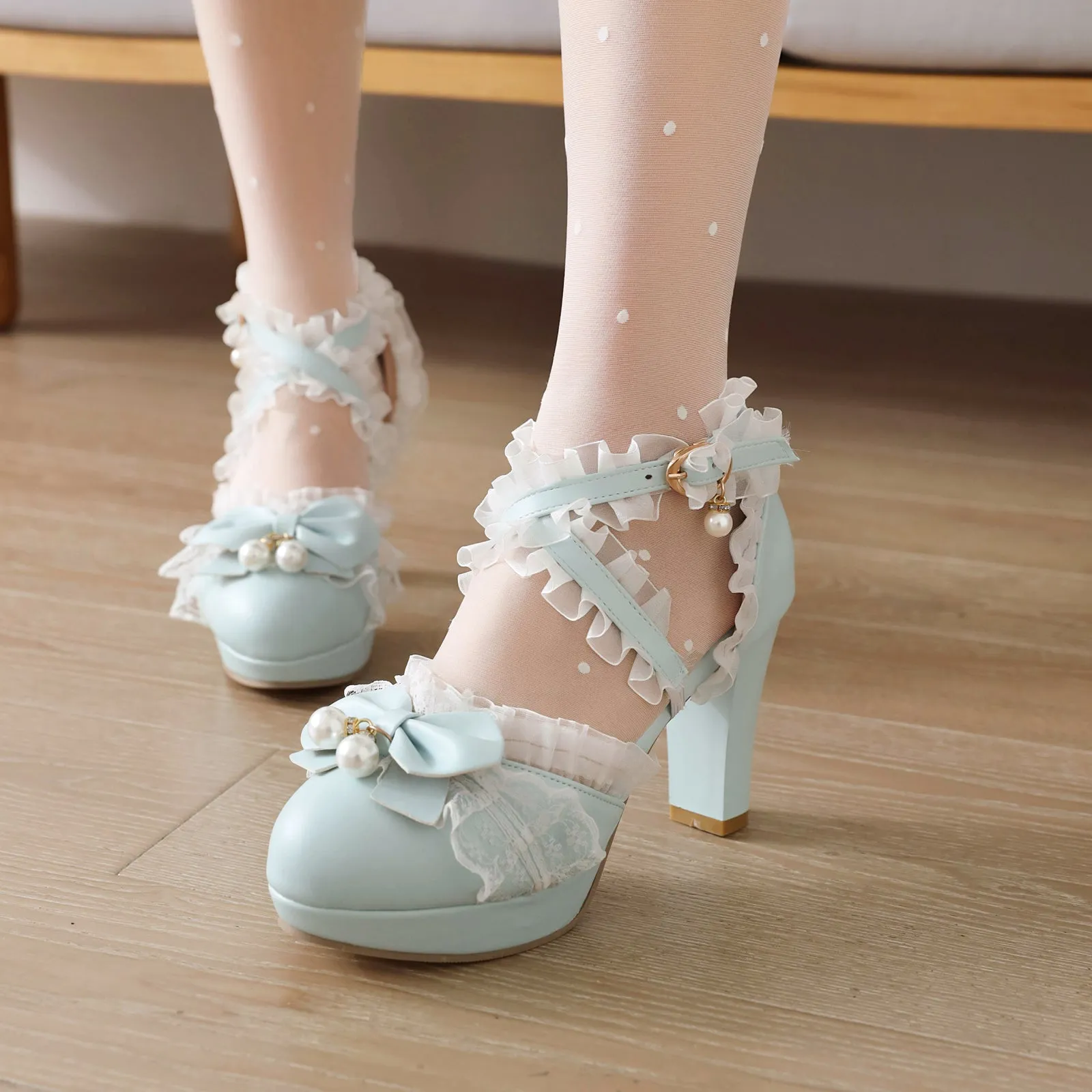 Lolita Shoes Bows Ruffles Pearls Round Toe PU Leather