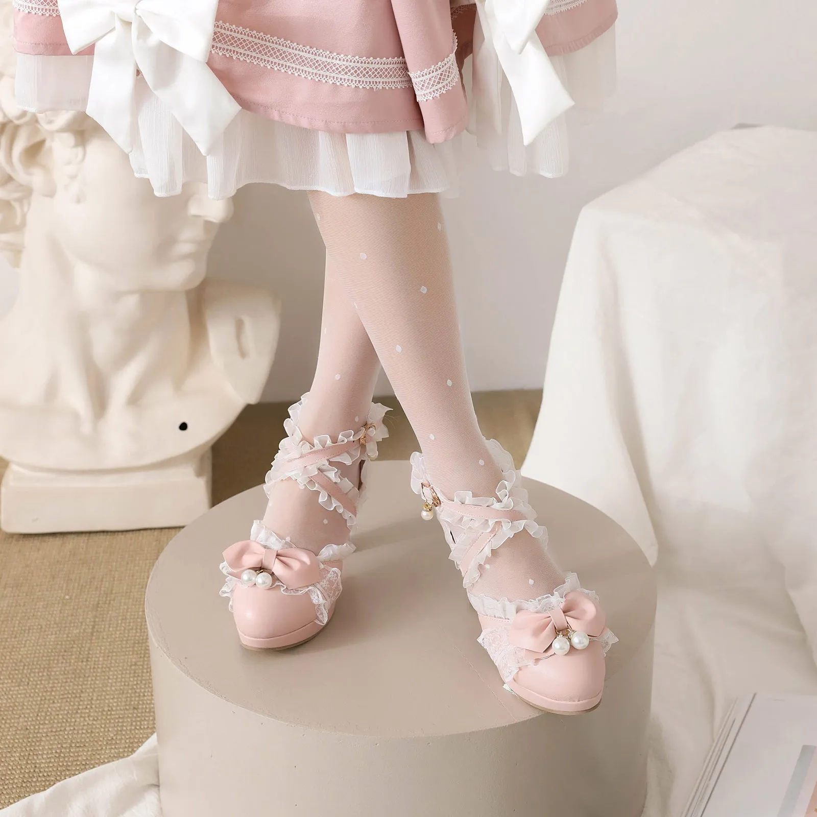 Lolita Shoes Bows Ruffles Pearls Round Toe PU Leather