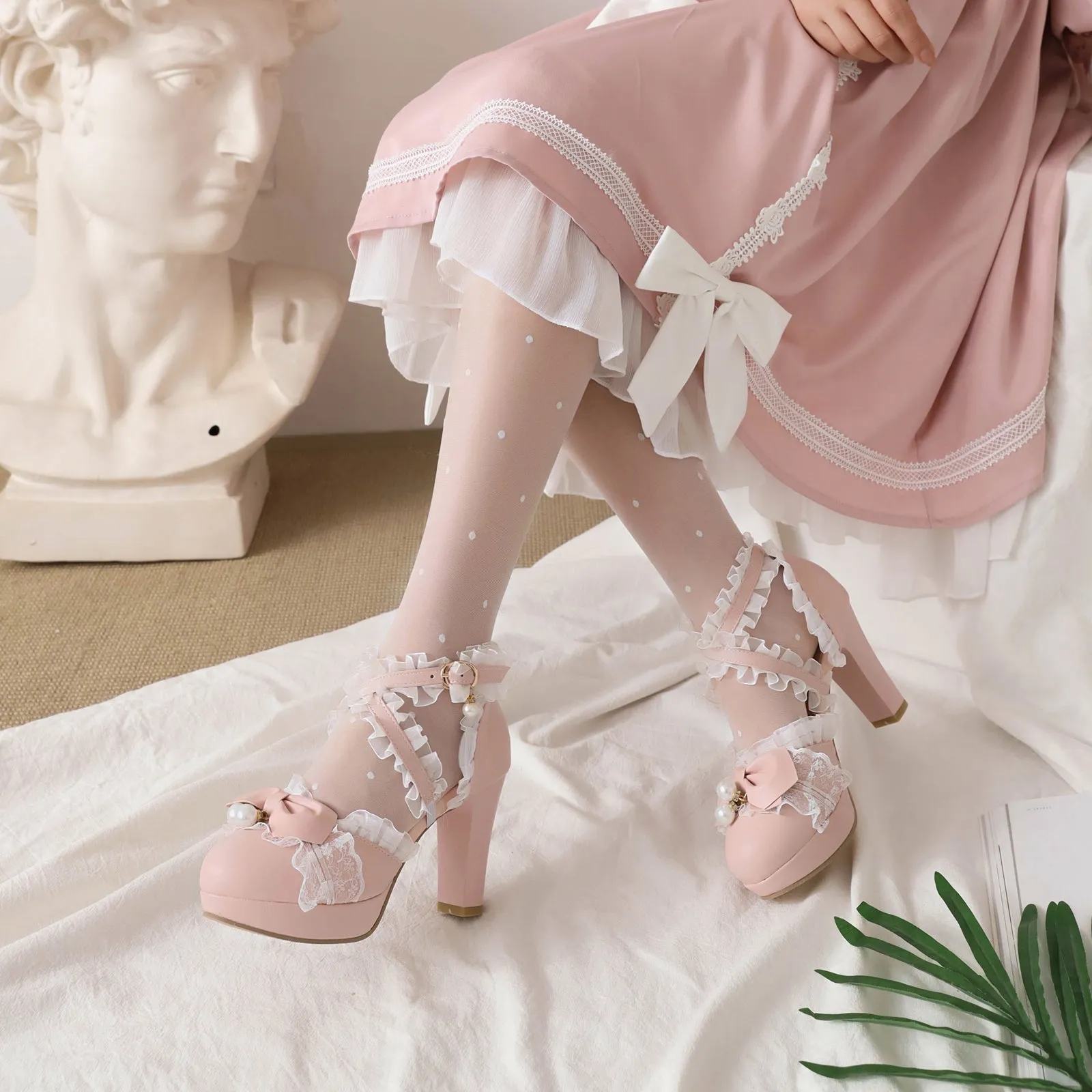 Lolita Shoes Bows Ruffles Pearls Round Toe PU Leather