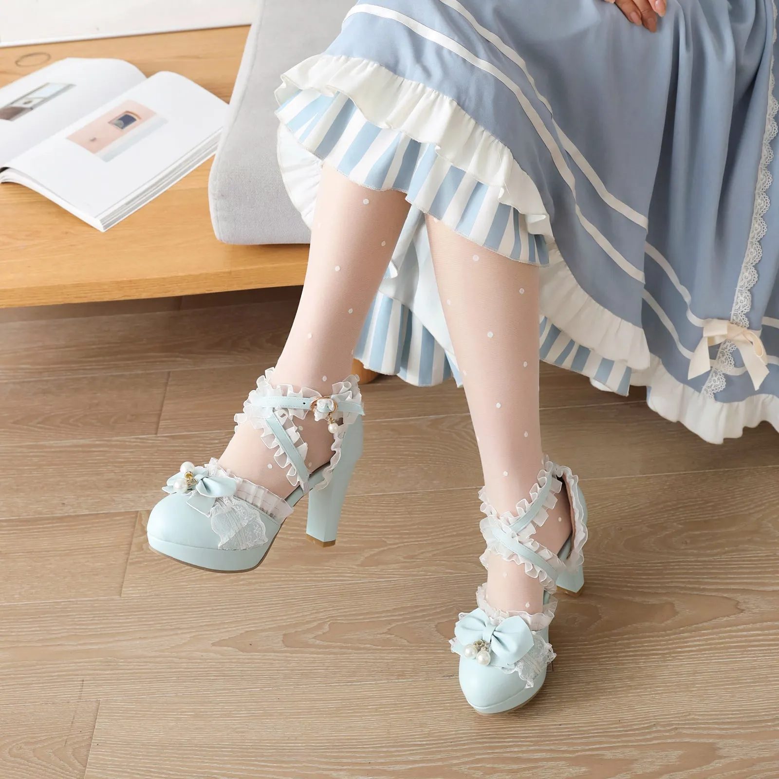 Lolita Shoes Bows Ruffles Pearls Round Toe PU Leather