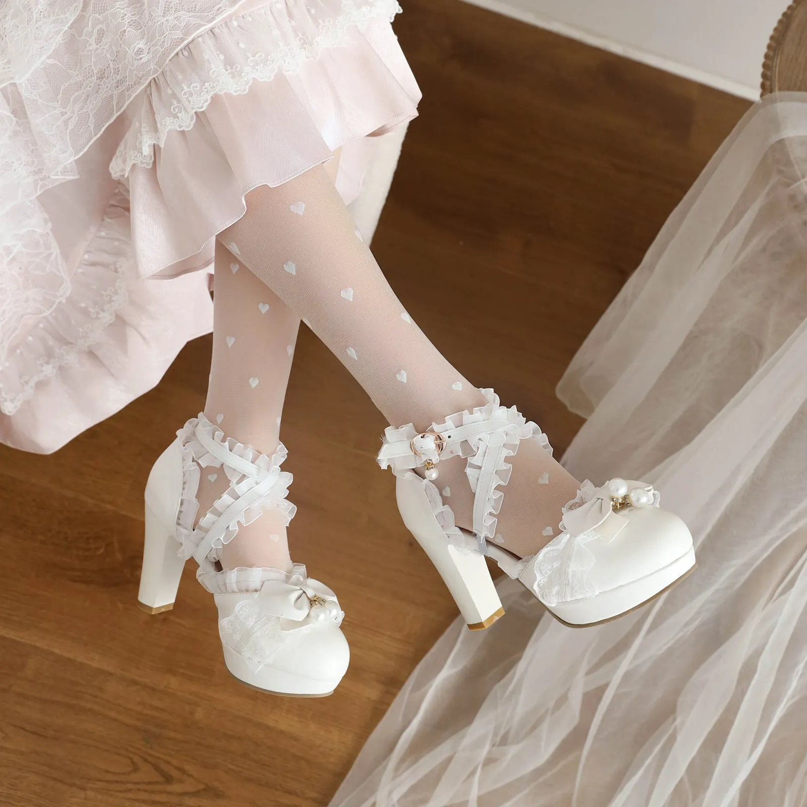 Lolita Shoes Bows Ruffles Pearls Round Toe PU Leather