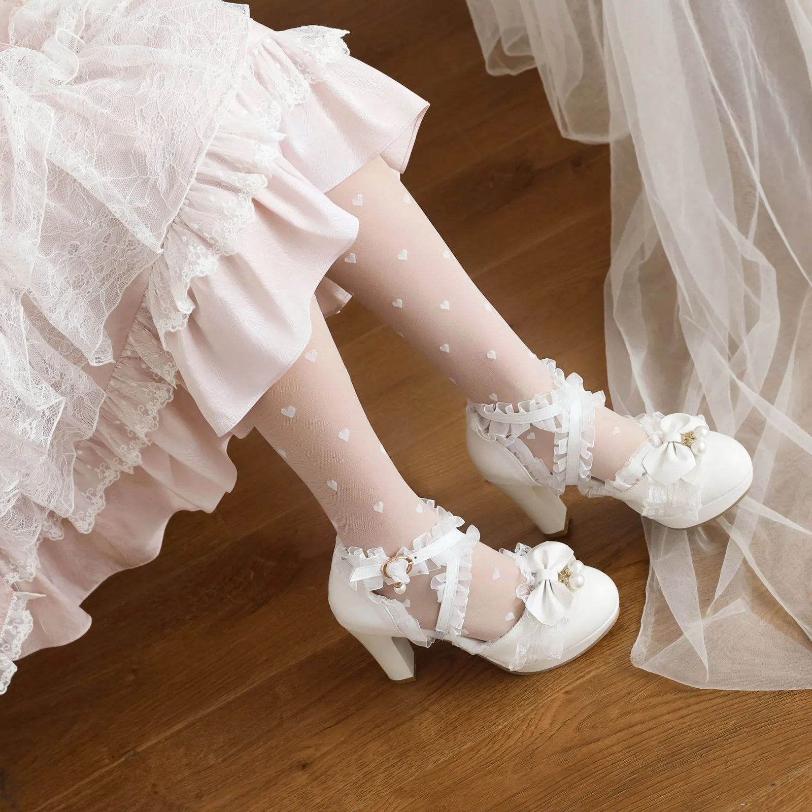 Lolita Shoes Bows Ruffles Pearls Round Toe PU Leather