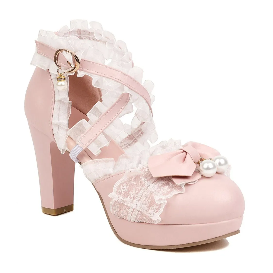 Lolita Shoes Bows Ruffles Pearls Round Toe PU Leather