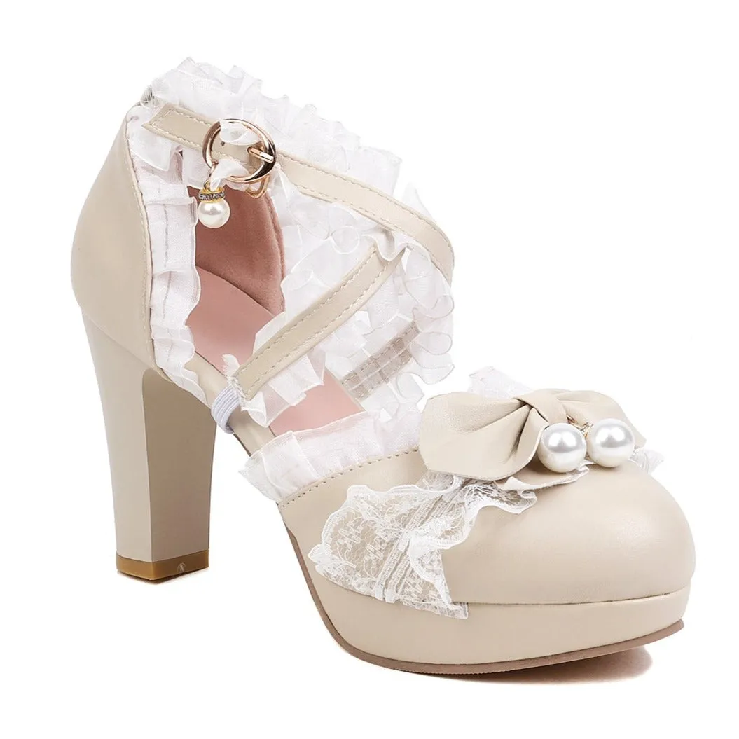 Lolita Shoes Bows Ruffles Pearls Round Toe PU Leather