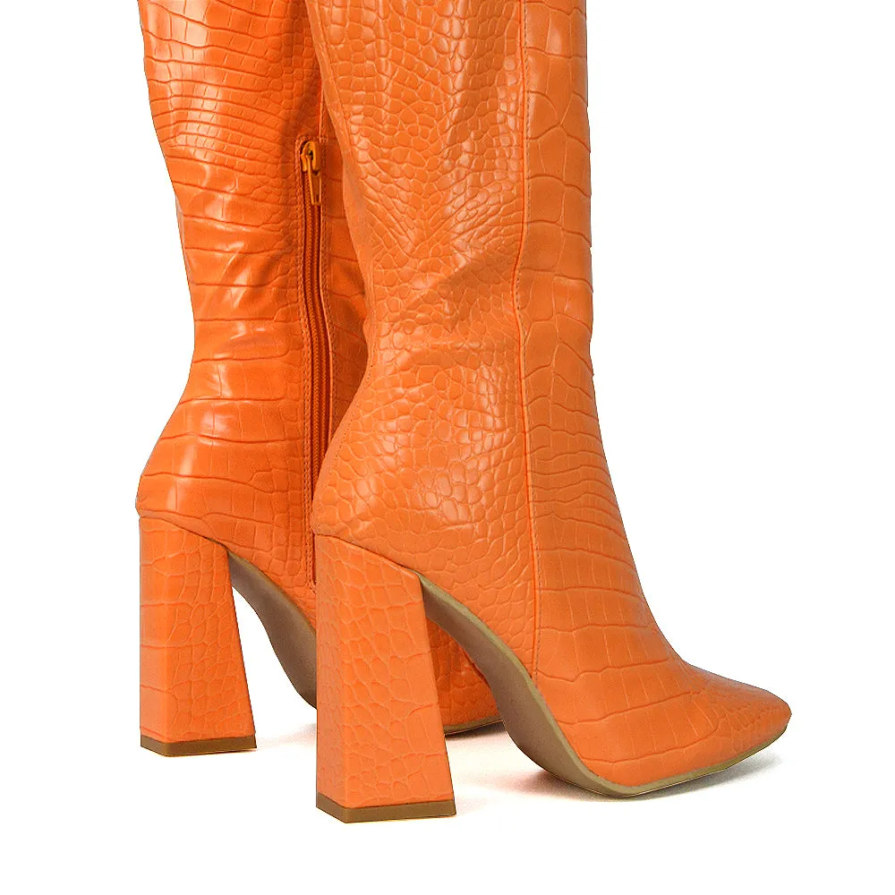 Mina Croc Print Pointed Toe Knee High Mid-Calf Block Heeled Long Boots in Black
