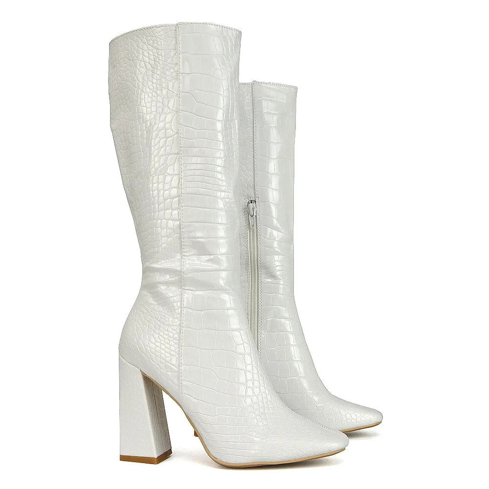 Mina Croc Print Pointed Toe Knee High Mid-Calf Block Heeled Long Boots in Black
