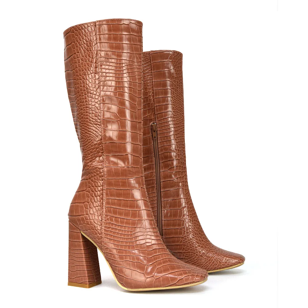 Mina Croc Print Pointed Toe Knee High Mid-Calf Block Heeled Long Boots in Black