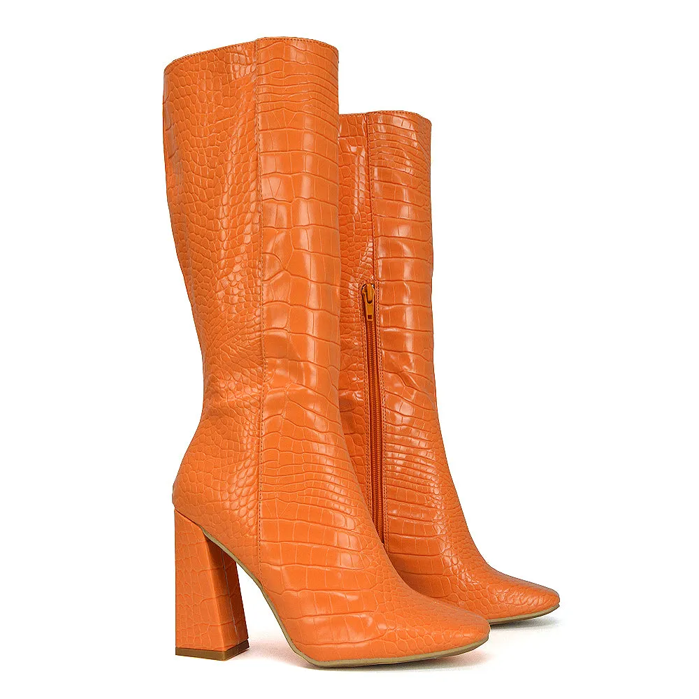 Mina Croc Print Pointed Toe Knee High Mid-Calf Block Heeled Long Boots in Black