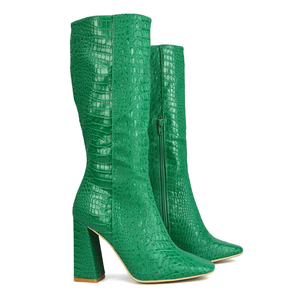 Mina Croc Print Pointed Toe Knee High Mid-Calf Block Heeled Long Boots in Black