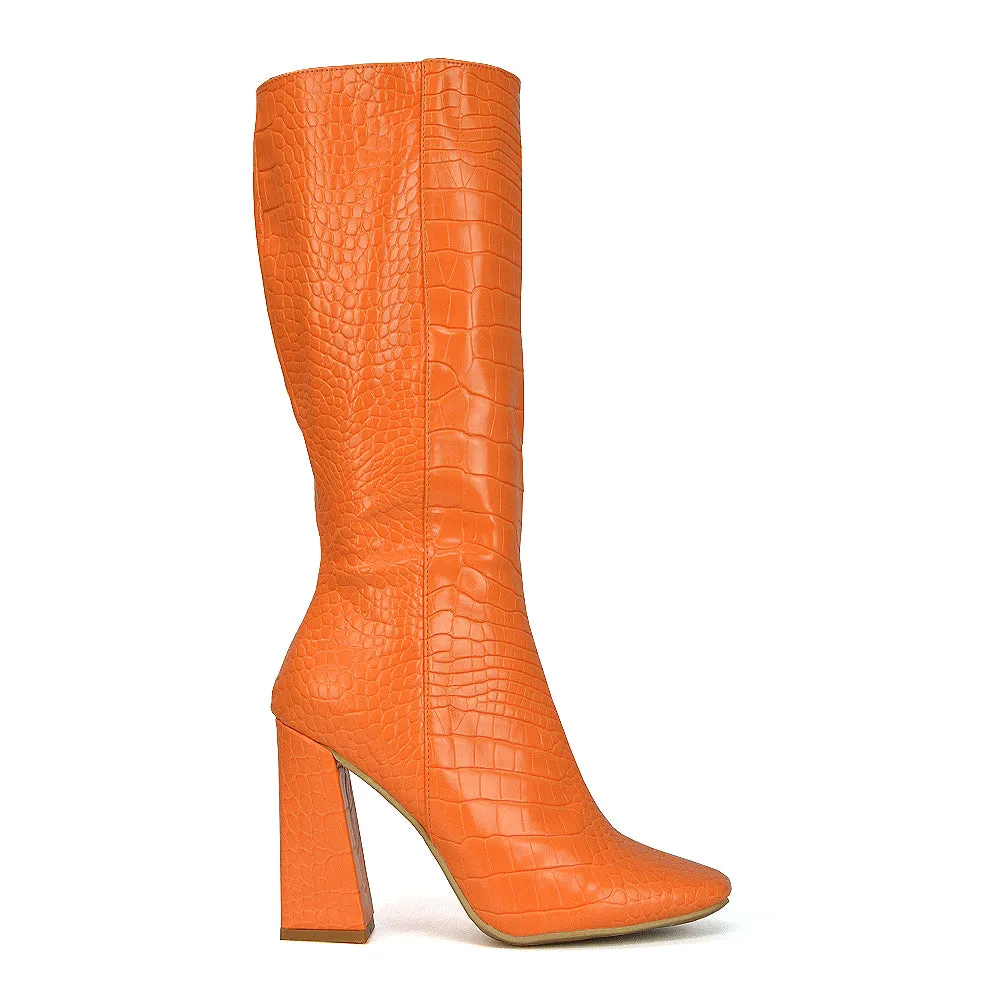 Mina Croc Print Pointed Toe Knee High Mid-Calf Block Heeled Long Boots in Black