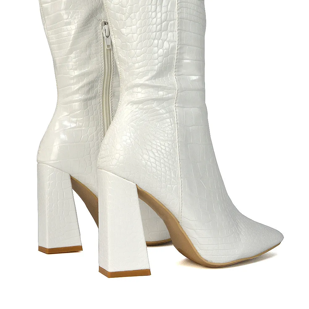 Mina Croc Print Pointed Toe Knee High Mid-Calf Block Heeled Long Boots in Black