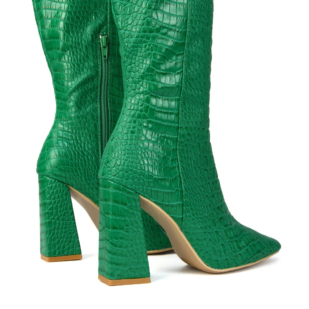 Mina Croc Print Pointed Toe Knee High Mid-Calf Block Heeled Long Boots in Black