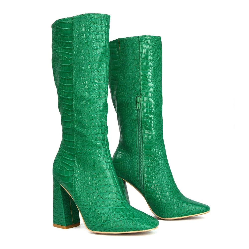 Mina Croc Print Pointed Toe Knee High Mid-Calf Block Heeled Long Boots in Black