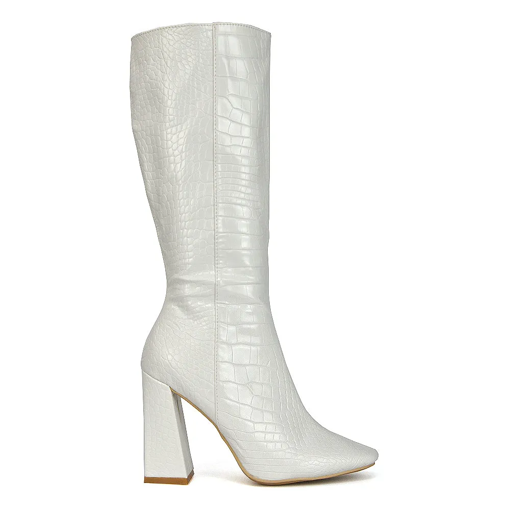Mina Croc Print Pointed Toe Knee High Mid-Calf Block Heeled Long Boots in Black