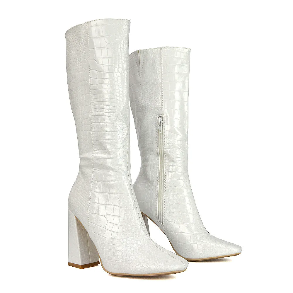 Mina Croc Print Pointed Toe Knee High Mid-Calf Block Heeled Long Boots in Black
