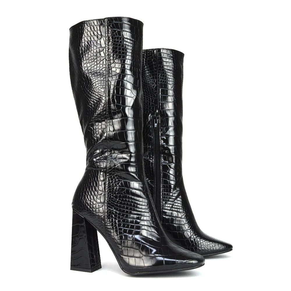 Mina Croc Print Pointed Toe Knee High Mid-Calf Block Heeled Long Boots in Black