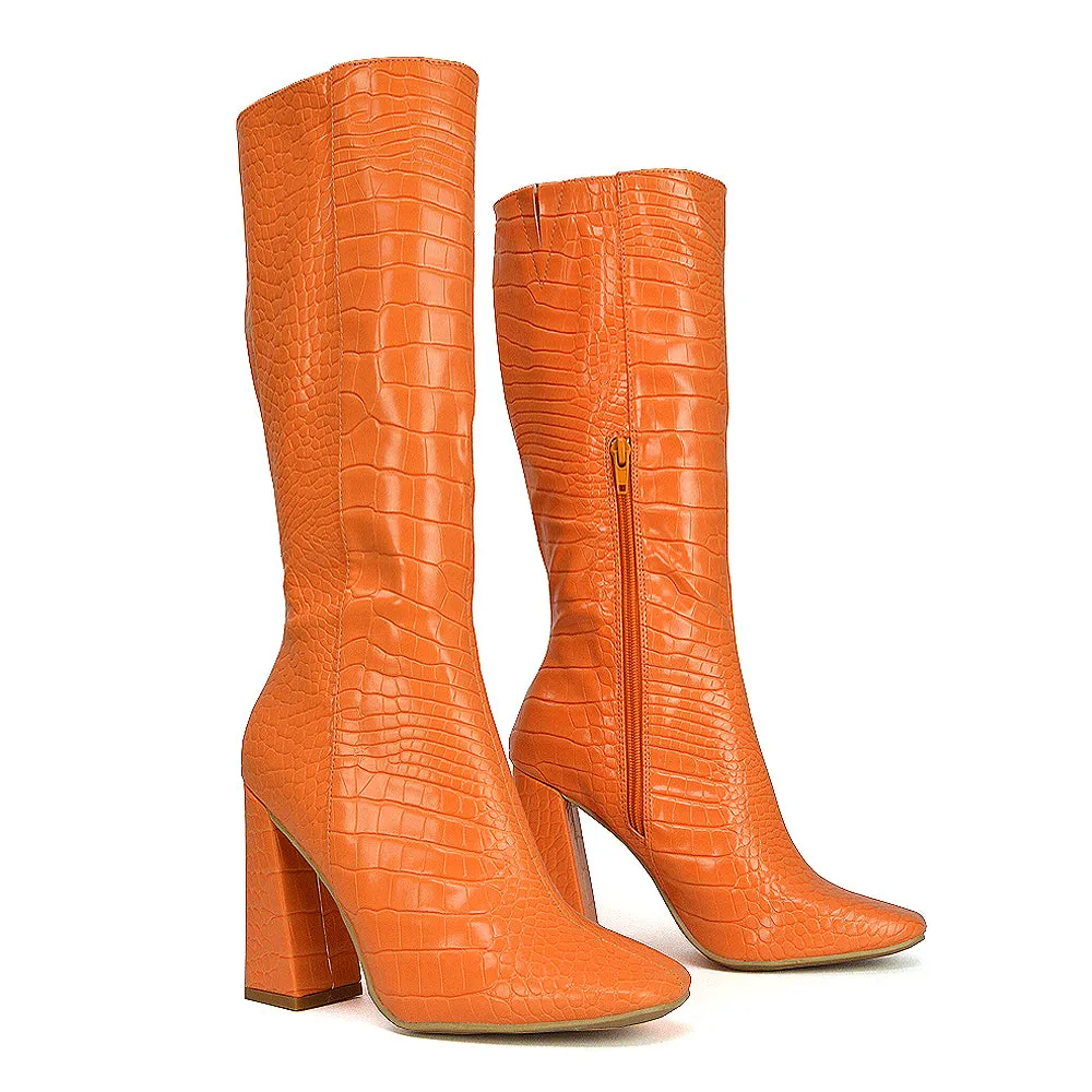 Mina Croc Print Pointed Toe Knee High Mid-Calf Block Heeled Long Boots in Black