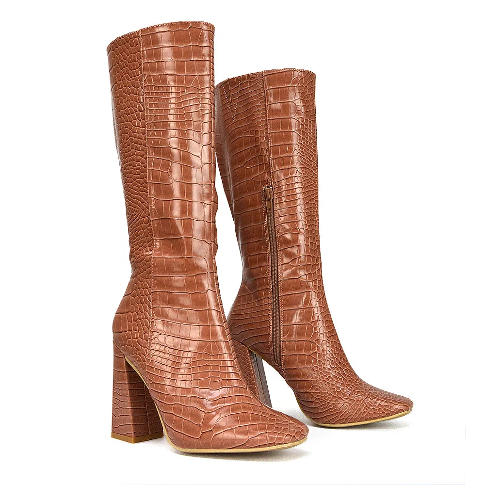 Mina Croc Print Pointed Toe Knee High Mid-Calf Block Heeled Long Boots in Black