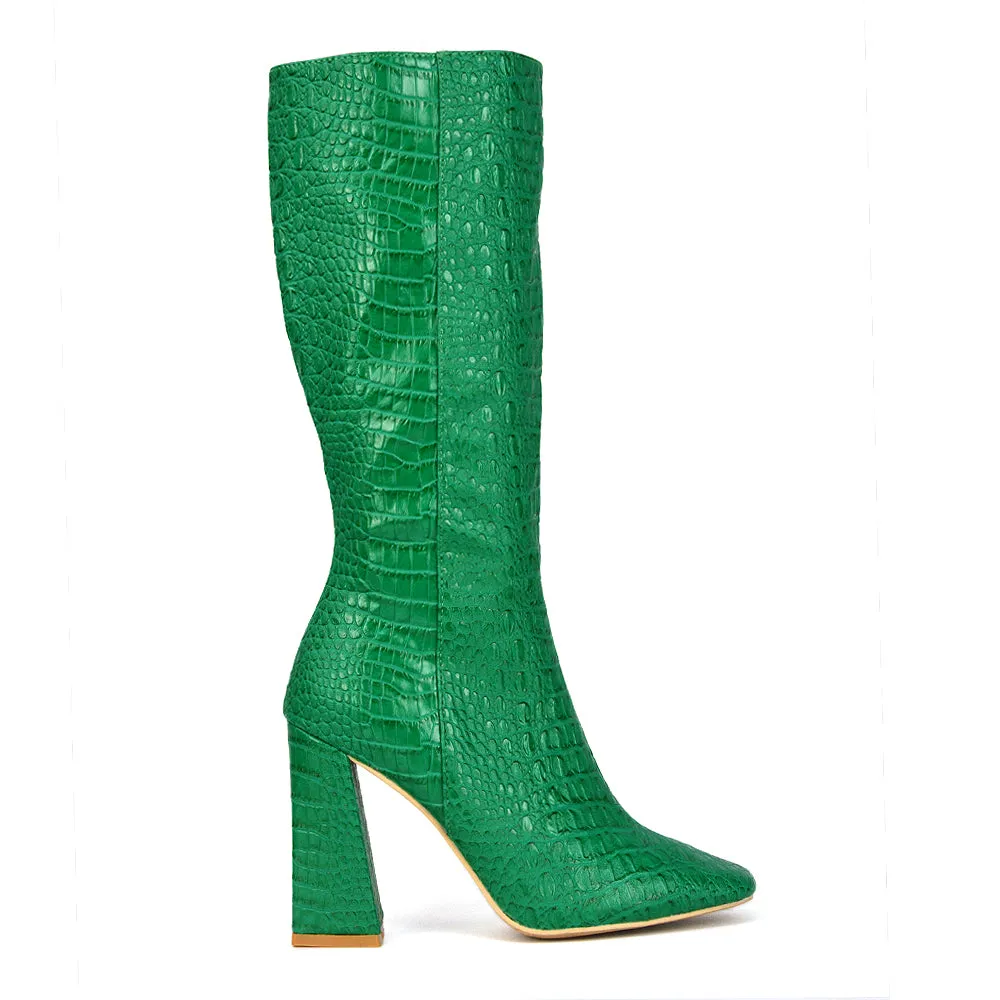 Mina Croc Print Pointed Toe Knee High Mid-Calf Block Heeled Long Boots in Black